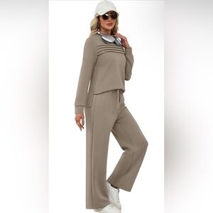 WIHOLL Two Piece Set Long Sleeve Lounge Side Slit Wide Leg Pants Large